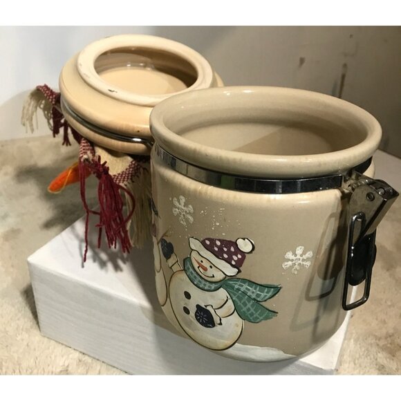 Snowman Ceramic Cannister Hinged Jar Fabric Hat & Scarf 11" Tall11 - Picture 13 of 16